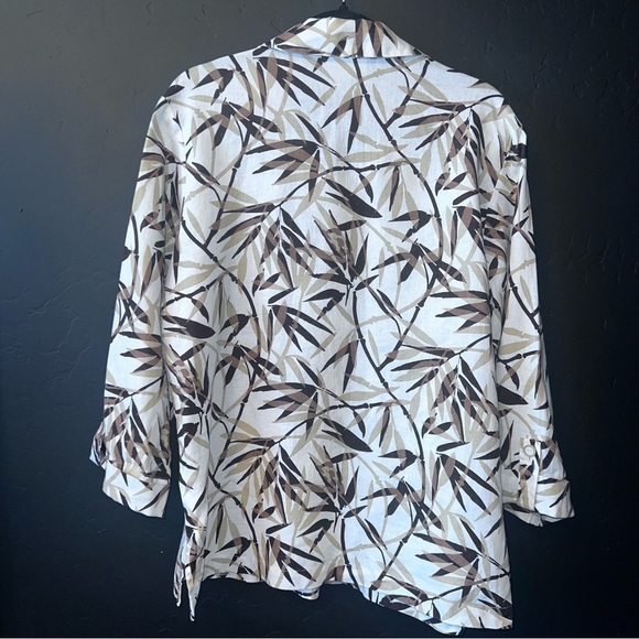 JM Collection | 100% Linen Brown & White Foliage Print Button Up Blouse Size:14 - Picture 3 of 9